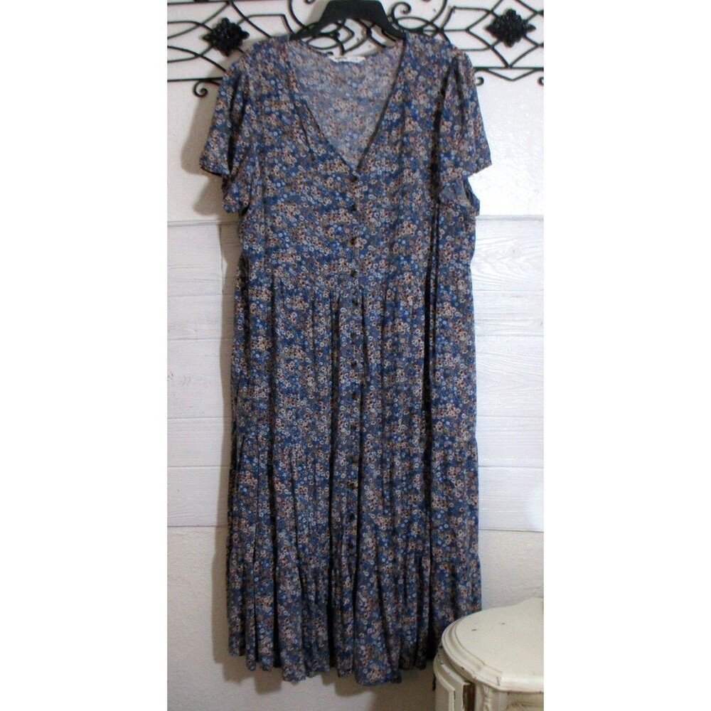 Sonoma Maxi Dress Women's Size 2X Blue Floral Short Sleeve V Neck